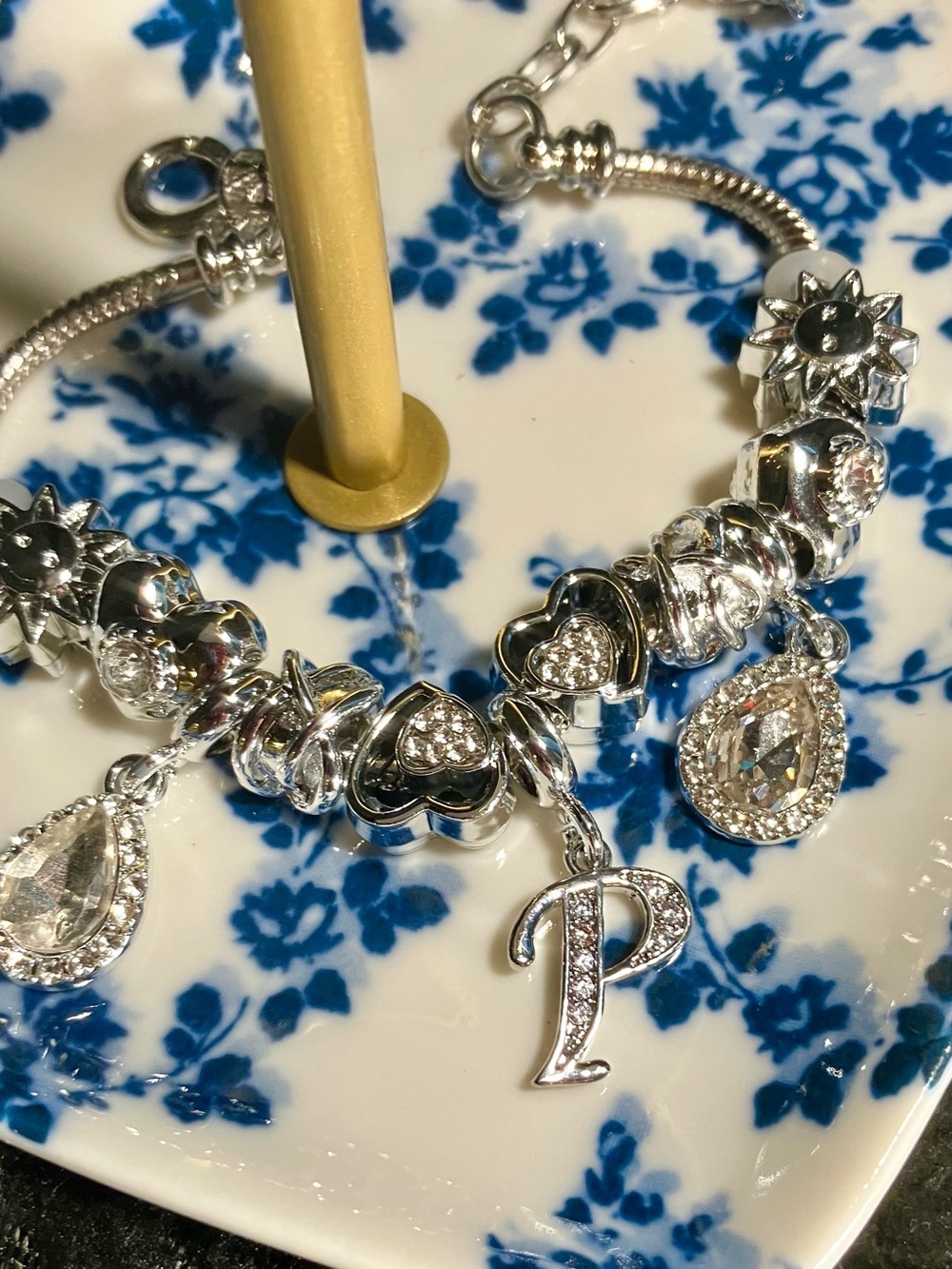 Heart Charm Bracelet with P Initial and Teardrop Pendants -m